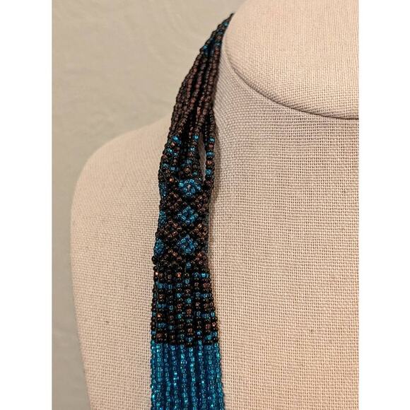 Brown & Blue Seed Bead Multi Strand Necklace With Woven Stations - Picture 6 of 7
